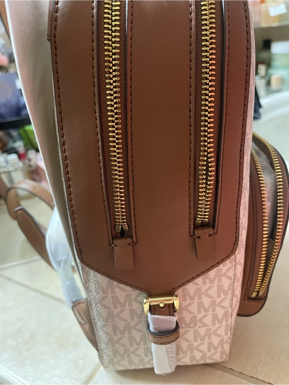 Michael Kors Tan Canvas w/Dark Tan Logo MK Monogram Backpack with Brown Trim